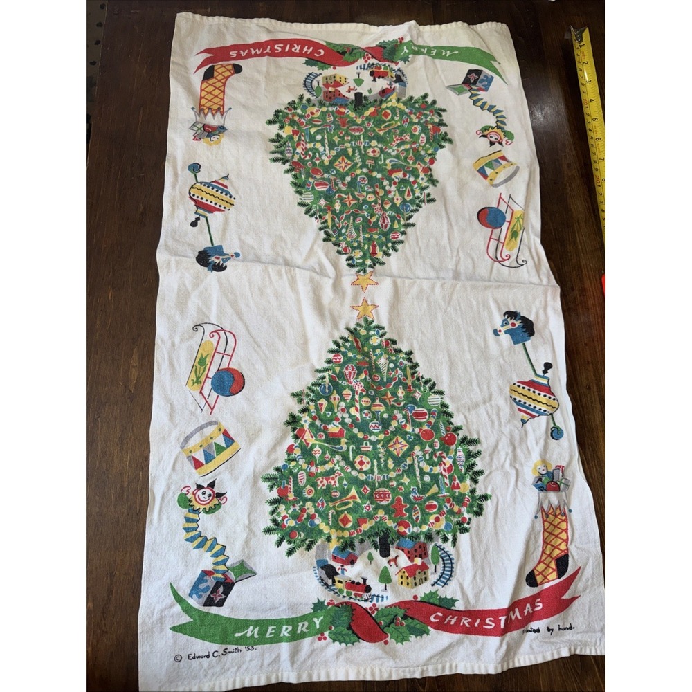 Christmas Tree Linen Tea Towel Train Toys Kitchen Green Red Vintage 1953 Smith